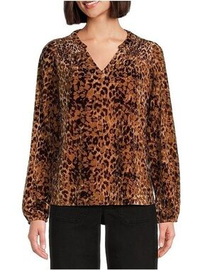 Nurture by Westbound Animal Printed Long Sleeve Smocked Velour Top
